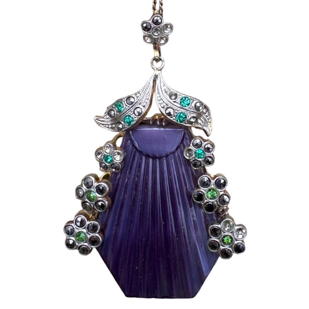 Vintage Purple Stone Pendant Necklace Green Rhinestone Ornate Statement